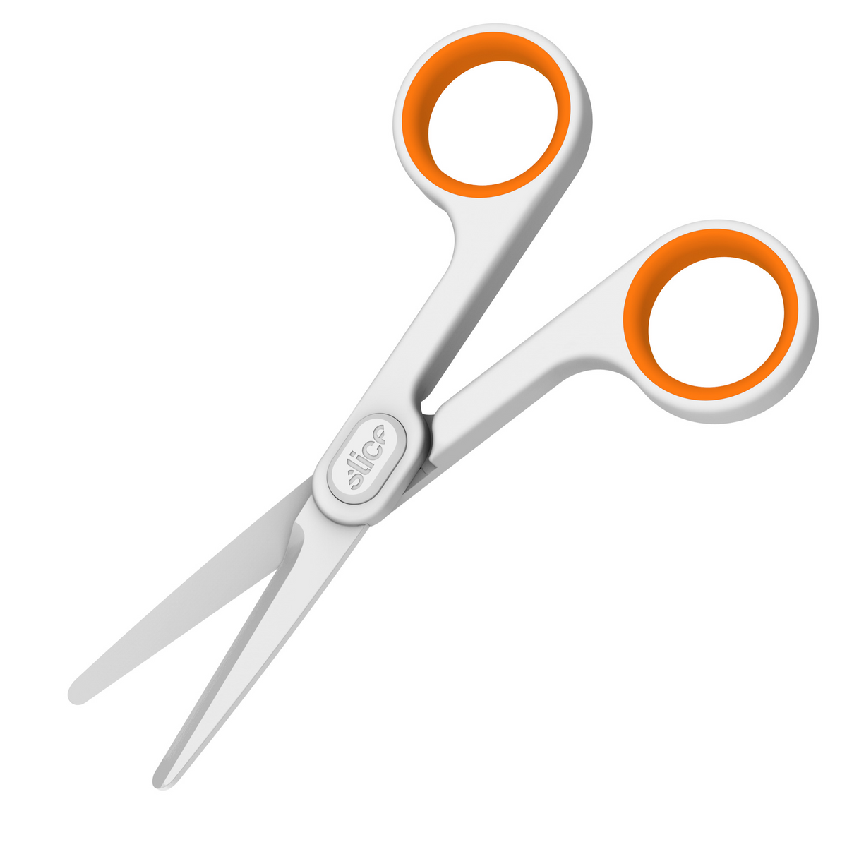Pair of scissors with orange handles on a white background