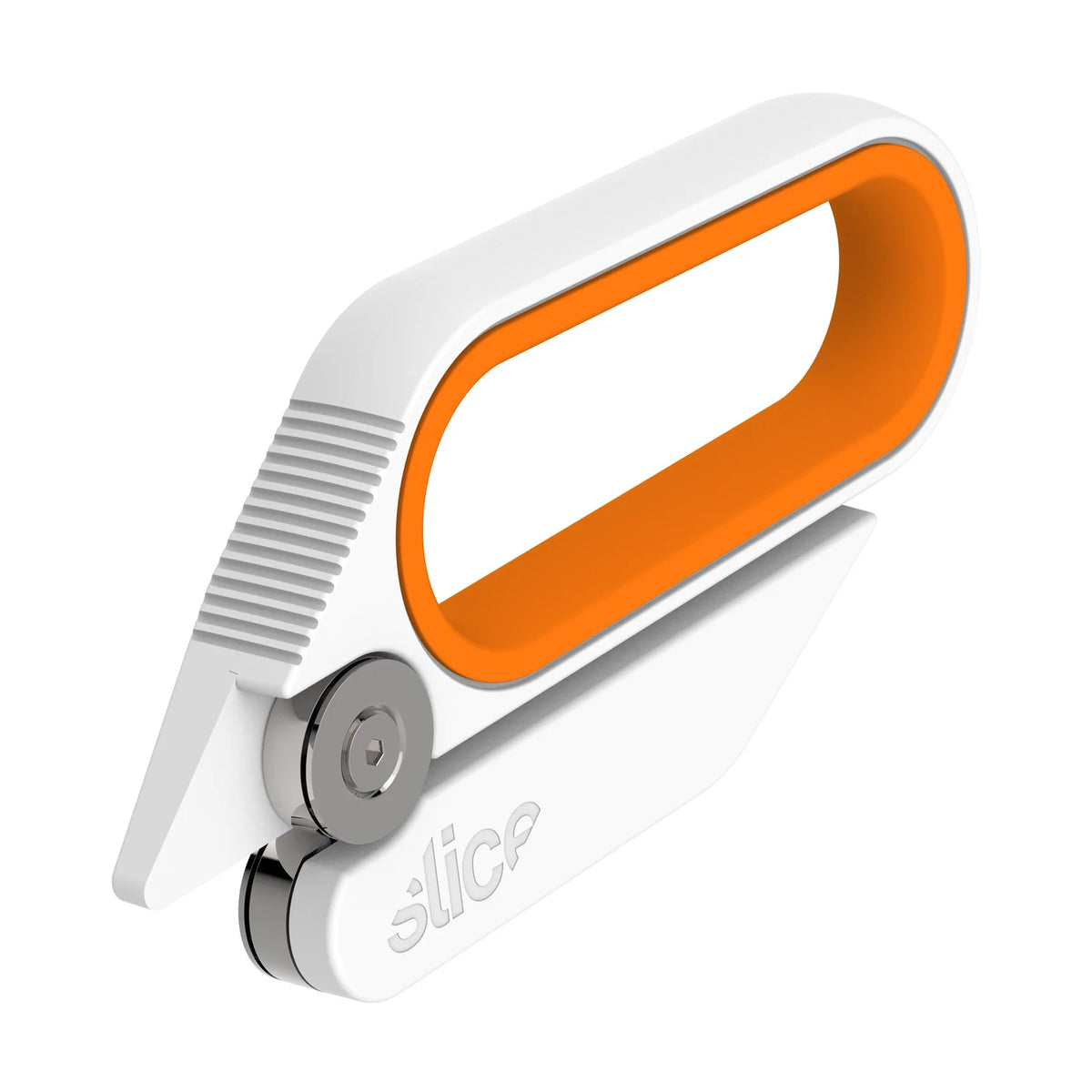 White and orange kitchen shears with 'slice' branding on a white background